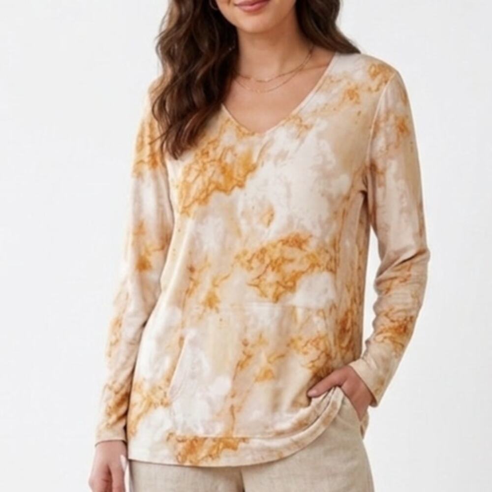 Susan Graver Cool Touch Knit Tunic Womens Medium Mango Abstract V-Neck Top